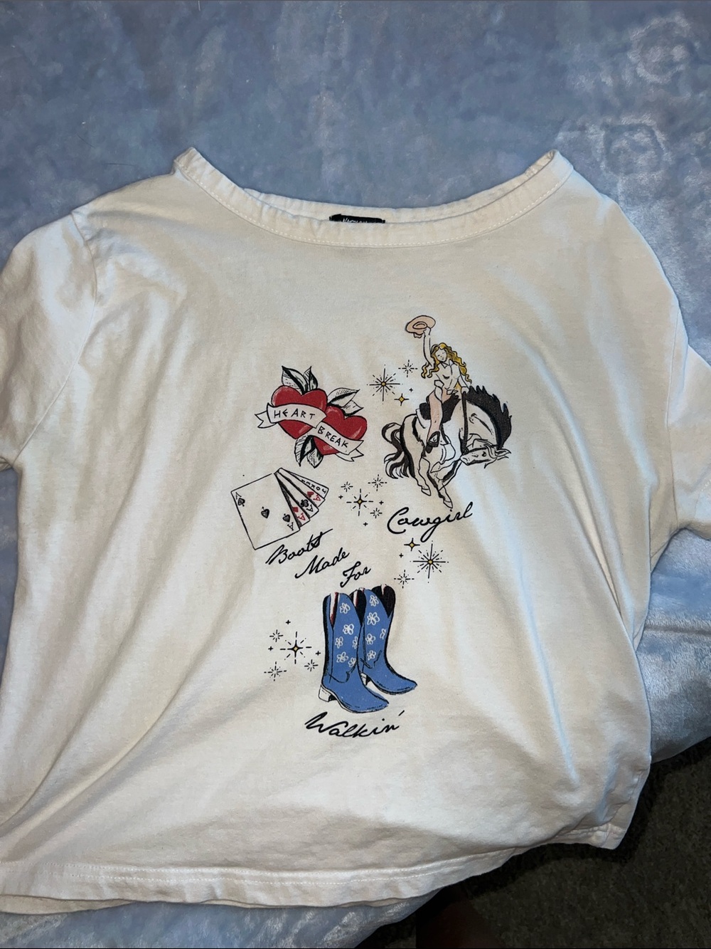 Nasty Gal White Tee with Blue Cowboy Boots Graphic
